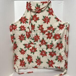 Christmas Bib Apron‎ Handmade Poinsettias Polka Dots Red Green, Cotton Man/Woman